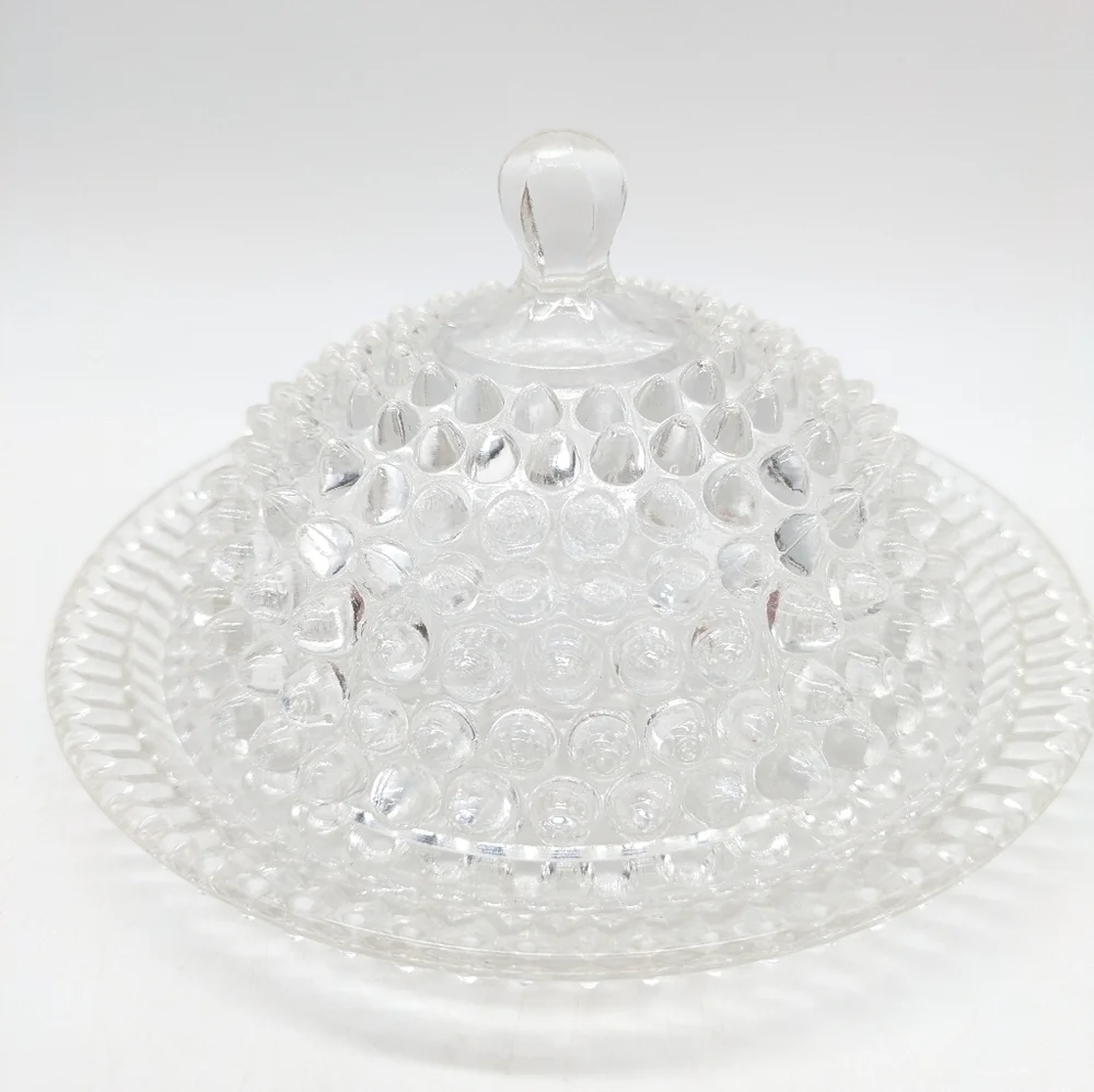 Vintage clear glass hobnail thousand eye style covered dish